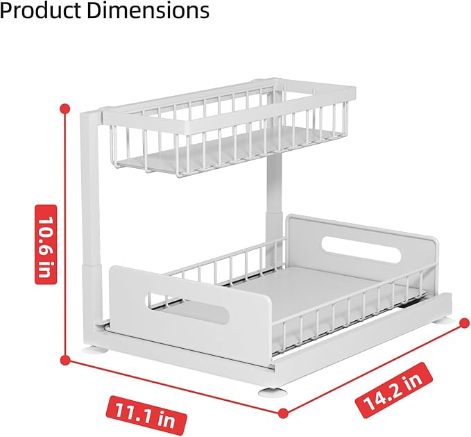 2-Tier Under Sink Slide Out Organizer, 2 Pack Pull Out Cabinet Storage Shelf with Sliding Wire Basket Drawer for Bathroom Kitchen, Countertop or Pantry Shelf, White-NeatNest