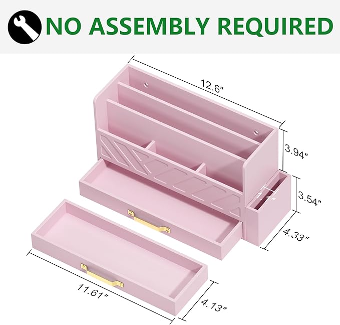 Bamboo Desk Organizer Mail Holder Countertop Wood Desk Drawer Tabletop Storage Box Pen Holder Letter Sorter Makeup Organizer for School Home Office Supplies with Pen Holder Pink-NeatNest