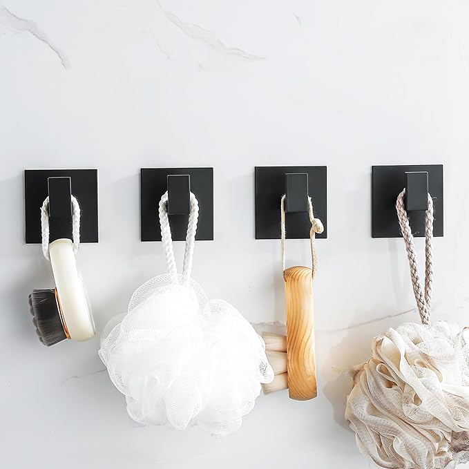 4 Pack Adhesive Black Towel Hooks Bathroom Shower Hook Robe Hanger Stickers Coat Hat Rack Square Metal Wall Hooks for Hanging