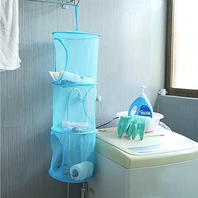 2pcs Hanging Mesh Storage Organizer Bag Foldable Space Saving Organizer with 2pcs S Hooks for Room Bathroom Wall Balcony Wardrobe(Grey，Blue)-NeatNest