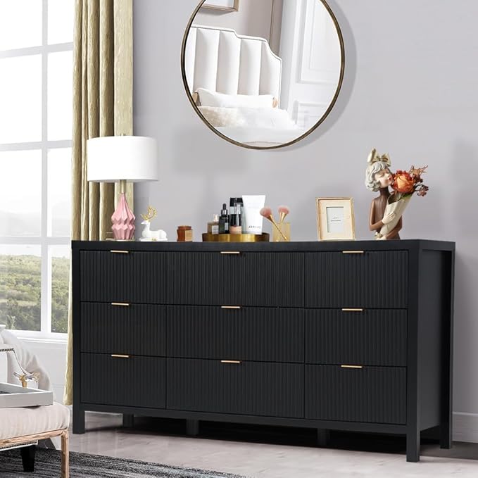 9 Drawer Dresser Cabinet, Long Nightstand with Drawers and Storage Cabinet, Solid Wood Dresser TV Stand, Mid Century Modern Nightstand with 9 Drawer Side Table for Bedroom Closet (Black)