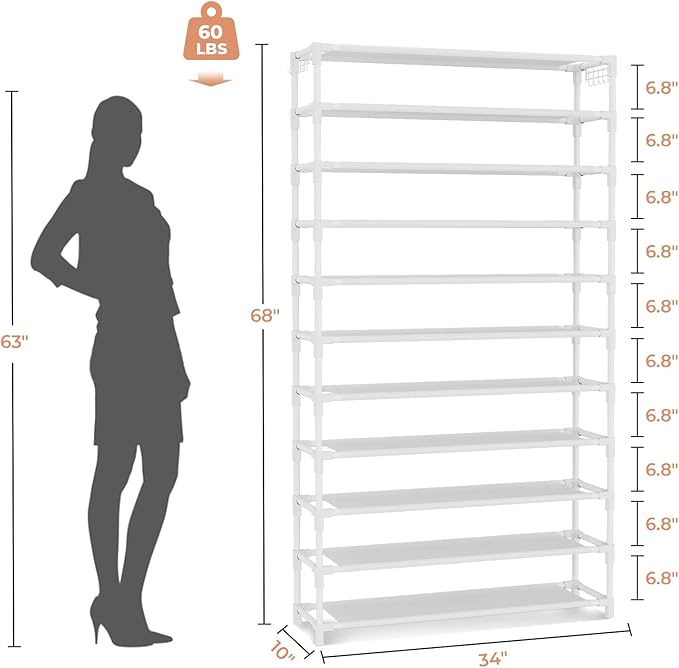 11 Tiers Tall Wide Shoe Rack 55 Pairs Large Capacity Sturdy Durable Shoe Rack for Closet Metal Shoe Organizer Shelf with Two Hooks Space Saving for Entryway White-NeatNest