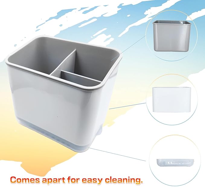 Kitchen Dish Brush Holder, Utensil Drying Caddy, Scrubber/Bottle Brush/Sponge Holder, Kitchen Sink Counter Organizer with Removable Drain Tray, Plastic (Gray and White)-NeatNest