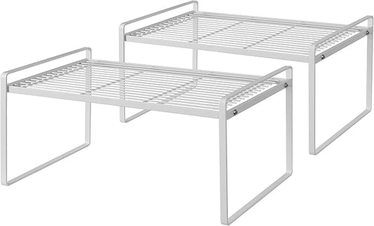 2Pack Kitchen Cabinet Shelf Counter Organizer Rack Pantry Storage Bathroom Bedroom Office Table Desk Space Saving Stackable Rust Resistant Non Slip White Wide L16.1in W10.6in H7.3in-NeatNest