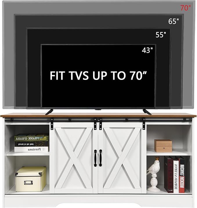 4 EVER WINNER White TV Stand for 65 inch TV for Living Room, Modern Farmhouse Barn Door TV Stand with Storage Cabinets and Adjustable Shelves for Bedroom, Media Entertainment Center TV Console Table-NeatNest