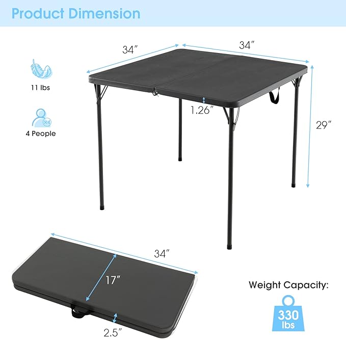 Goplus 34" Square Folding Card Table, Foldable Plastic Folding Tables, Portable Fold Up Table w/Handle, White Indoor Outdoor Utility Bi-Folding Commercial Table for Picnic, Party, Dining, Camping, BBQ-NeatNest