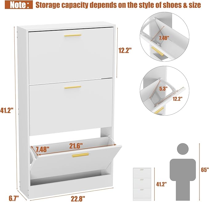 JOZZBY Shoe Cabinet Storage with 3 Flip Drawers for Entryway, White Slim Freestanding Modern Narrow Shoe Organizer Rack Cabinet for Hallway, Living Room-NeatNest