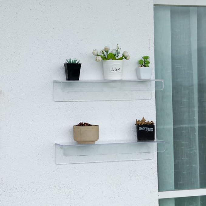 CY craft 4 PCS Clear Acrylic Floating Wall Ledge Shelf 15 Inch Wall Mounted Nursery Kids Bookshelf, Invisible Hanging Shelves for Wall Storage,Toy Picture Ledge Display Shelf Bathroom Storage Shelves-NeatNest