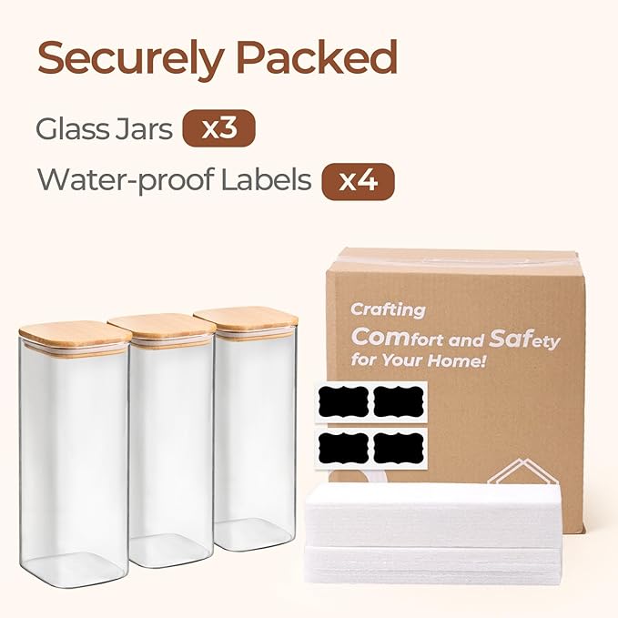 ComSaf 1.9 Qt Glass Storage Containers with Lids, Glass Jars with Lids, Clear Food Storage Jar, Square Canister Set of 3, Pantry Organizers and Storage for Flour Rice Pasta Tea Coffee Bean-NeatNest
