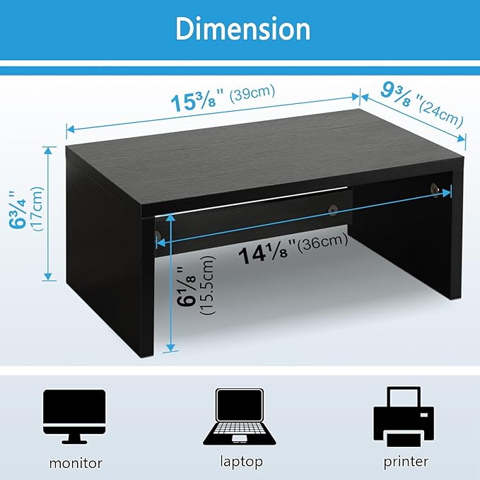 TEAMIX 14.2 inch Monitor Stand Riser, Wood Monitor Riser with Storage for Desk Small Monitor Stand TV/Screen/PC/Laptop Riser Computer Stand Desktop Shelf (Black-Higher)-NeatNest
