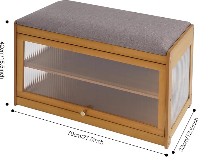 Eapmic Shoe Storage Bench, Entryway Shoe Rack Bench with Padded Seat Cushion, 2-Tier Shoe Cabinet, Bamboo Shoe Organizer for Hallway Bedroom Living Room Front Door (Brown, 27.56 * 12.6 * 16.53in)