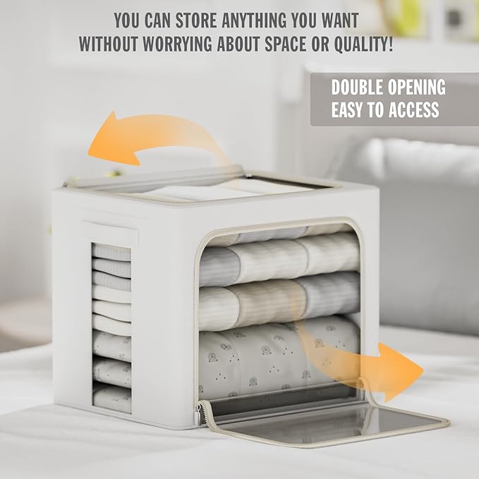 2 Pack Clear Window Storage Bins Large Stackable Linen Fabric Storage for Clothes Foldable Container Organizer Set with Carrying Handles (Lvory White, 15.7x 11.8x 11.7Inch)-NeatNest