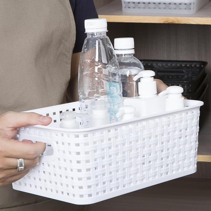 White Plastic Woven Storage Baskets, 12-Pack Weave Basket Organizer for Kitchen Office Bathroom