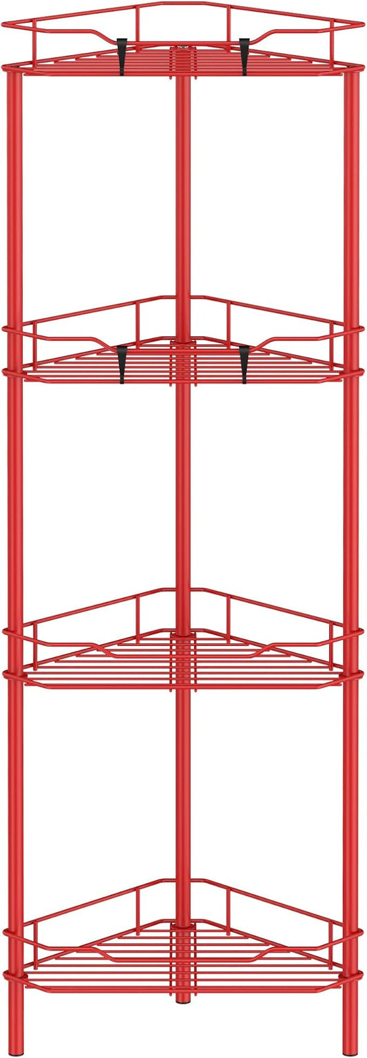 4 Tier Floor Standing Corner Shower Caddy Organizer Shelf with Hooks, Bathroom Shelves Stand Rack, Red