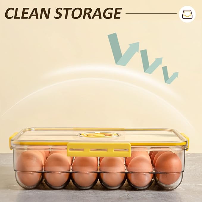 CottonColors Egg Holder for Fridge - 18 Container for Refrigerator, Plastic Organizer, Stackable Storage With Lids for Timer-NeatNest