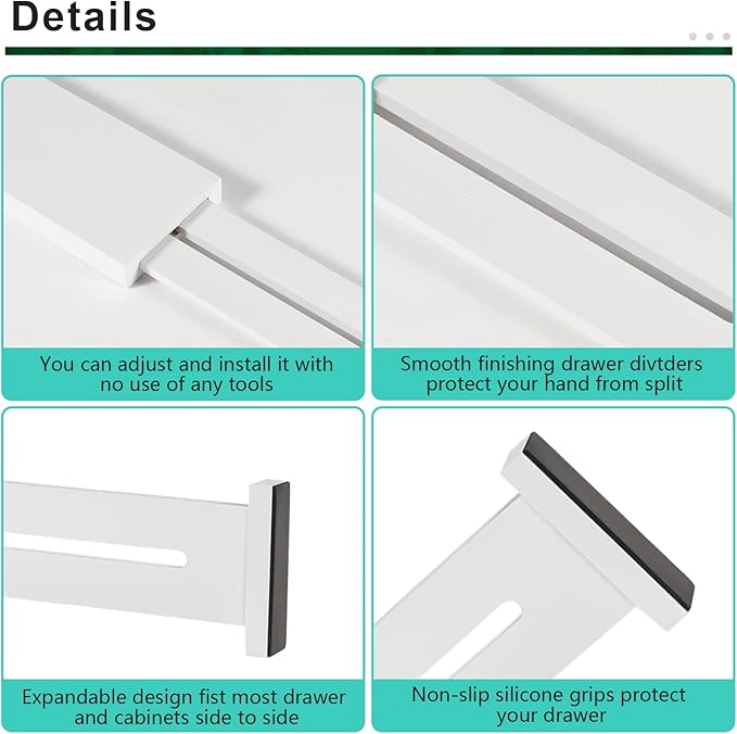 4 Pack Bamboo Drawer Dividers, Adjustable Length from 12 Inch to 17 Inch, Expandable Kitchen Drawer Organizer, Drawer Organization Separators for Clothes, Kitchen, Bedroom, Dresser, Office (White)-NeatNest