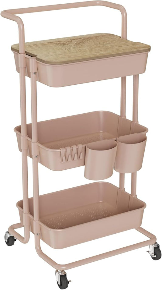 DTK 3 Tier Rolling Utility Cart with Cover Top Board, Movable Kitchen Storage Cart Trolley with Lockable Wheels, Cups, Hooks for Kitchen Bathroom Home Office Art Craft Storage and Organization(Pink)-NeatNest
