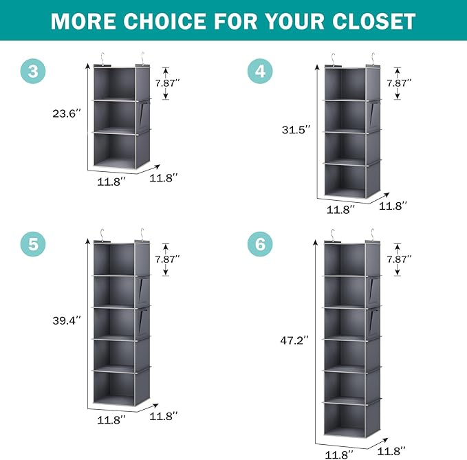 Hanging Closet Organizer, 3-Shelf Closet Hanging Storage Shelves, Grey-NeatNest