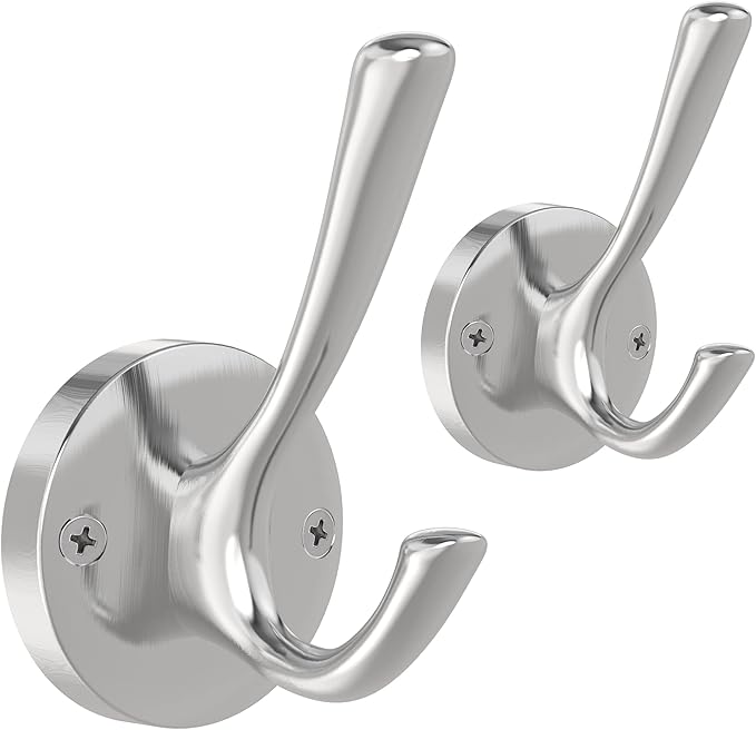 Brushed Nickel Wall Hooks Towel Hooks, 2 Pack Coat Robe Hook Heavy Duty Bathroom Double Hook Wall Mounted, Hand Towel Hooks for Closet Entryway Cubicle Kitchen-NeatNest