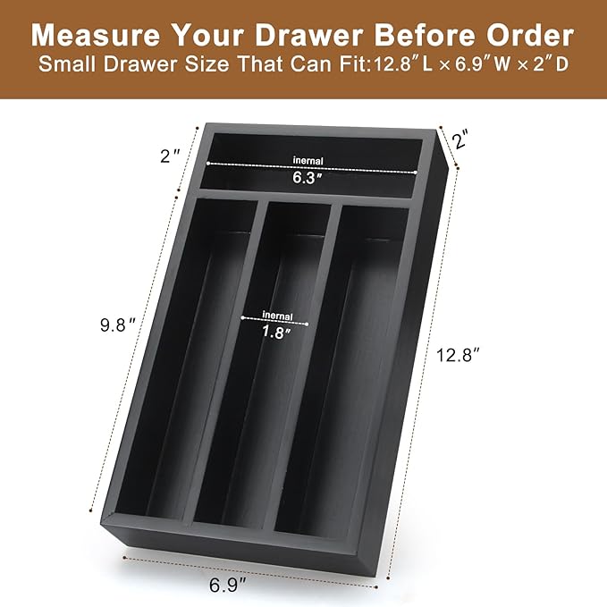 Ayiaren Wooden Silverware Drawer Organizer Tray Small Kitchen Utensil Holder for Drawer Narrow Flatware Organizers Divider Black Wood Cutlery Trays Bamboo Utensil Organizer Spoon and Fork Holder Tray-NeatNest