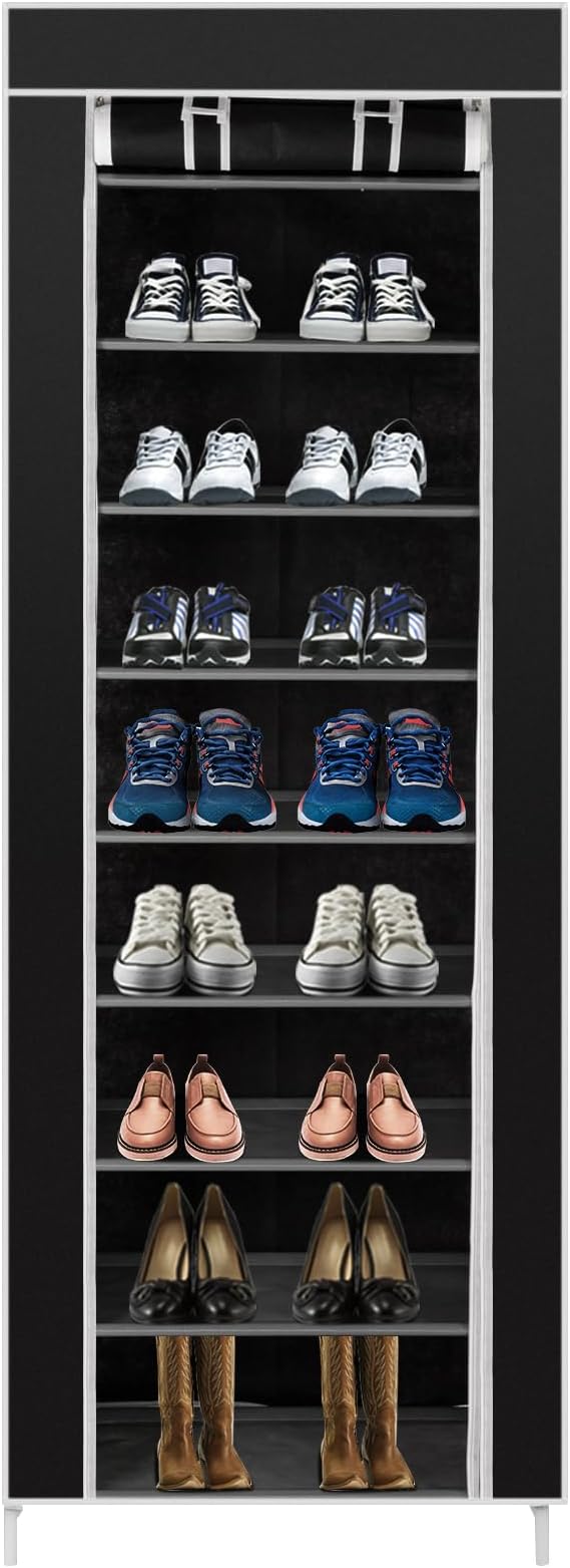 10 Tiers Shoe Rack with Dustproof Cover 27 Pair Shoe Tower Stand Sturdy Shelf Storage Organizer Cabinet Perfect for Bedroom, Closet, Entryway, Dorm Room (Black)-NeatNest