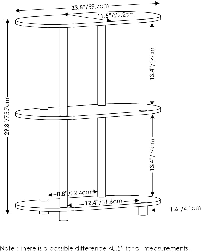 Furinno Turn-N-Tube No Tools 3-Tier Modern Oval Side Display Rack, White/Virgin White-NeatNest