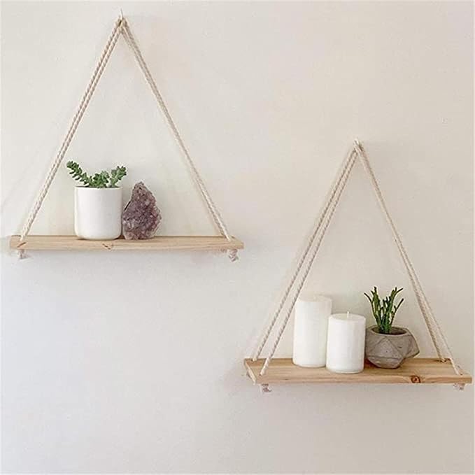 Hanging Shelves for Wall Wooden Floating Shelves Plant Shelf Macrame Rope Triangle Shelf, Natural Reclaimed Wood, Farmhouse Rustic Modern Aesthetic, Boho Dorm Living Room Bedroom Decor-Beige-NeatNest