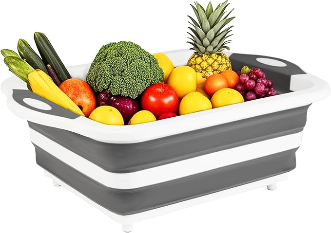 Collapsible BBQ Prep Tub/Cutting Board 10L, Foldable Dish Tub with Colander, Portable Camping Sink, Multifunction Dishing Basin Bucket Wash Tub for Kitchen Fruit Vegetable Picnic (Gray)-NeatNest