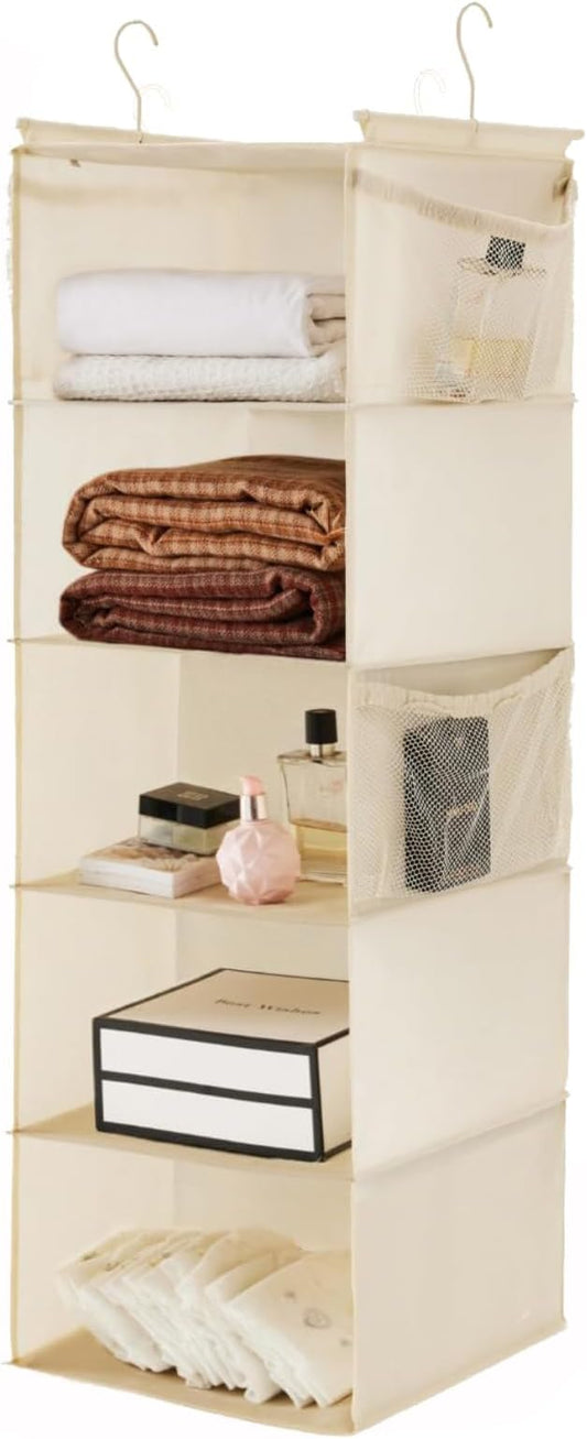 MAX Houser 5 Shelf Hanging Closet Organizer, Space Saver, Cloth Hanging Shelves with 4 Side Pockets, Foldable, Beige-NeatNest