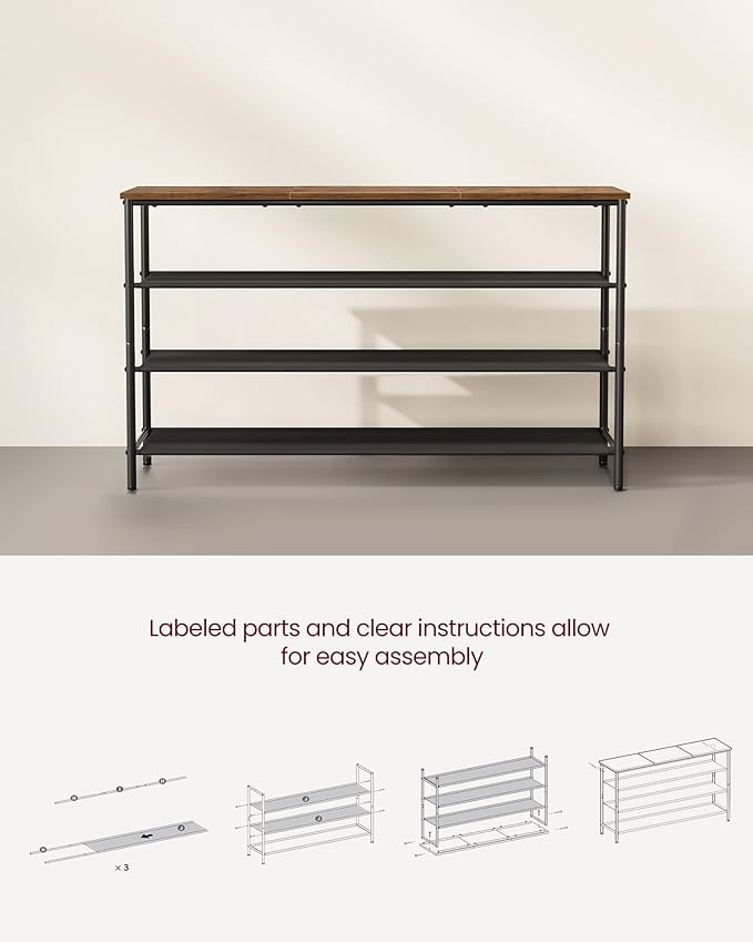 VASAGLE Shoe Rack, 4-Tier Shoe Storage Organizer for Entryway and Closet, Holds 15-18 Pairs of Shoes, 3 Fabric Shelves, Steel Frame, Industrial, Rustic Brown and Black ULBS135B01-NeatNest