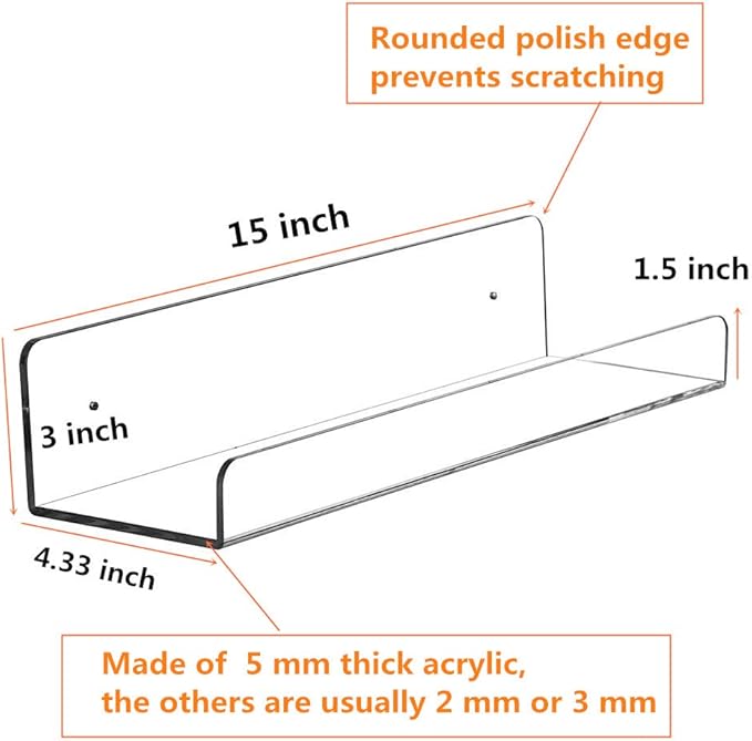 CY craft Clear Acrylic Floating Shelves Display Ledge, 5 MM Thick Wall Mounted Storage Shelf for Kitchen/Bathroom/Office,Invisible Kids Bookshelf and Spice Rack,15 Inch,Set of 4-NeatNest