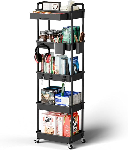 5 Tier Rolling Cart Organizer,Bathroom Cart Organizers with Wheels Laundry Room Organization Mobile Shelving Unit Utility Cart Storage Shelves Multi-Functional for Office, Home(Black)-NeatNest
