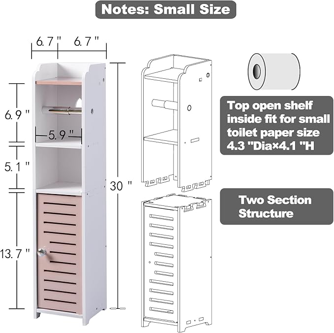 AOJEZOR Toilet Paper Holder Stand: Small Bathroom Storage Cabinet - Pinkish Rose - White-NeatNest
