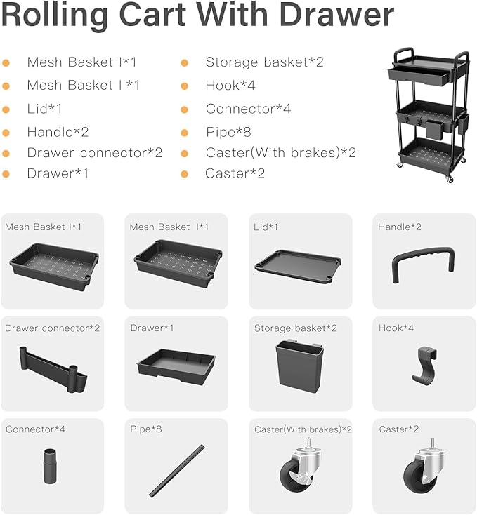 3 Tier Rolling Cart Organizer,Laundry Room Bathroom Organizers and Storage Office Shelves Mobile Shelving Unit Kitchen Trolley Cart with Wheels for Art,Craft,Diaper,Bedside,Snack(Black)-NeatNest