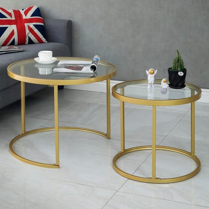 Round Nesting Coffee Table Gold Set of 2 for Living Room, Modern Side Tables with Sturdy Metal Frame and Tempered Glass.Minimalist End Table,Cocktail Table for Dining Room,Home Decor