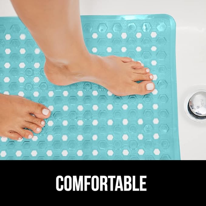 GORILLA GRIP Patented Bath Tub Shower Mat, Machine Washable Bathtub Floor Liner Mats, Suction Cups and Drain Holes to Keep Tubs Clean, Soft on Feet, Bathroom Essentials, 35x16 Inch, Clear Turquoise-NeatNest
