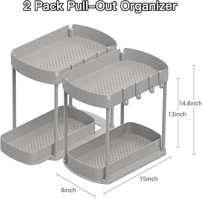 2 Pack Multi-Purpose Pull-Out Storage Organizers, Under Sink Organizers and Storage for Bathroom & Kitchen, Under Cabinet Organizers and storage, 14.8 Inch, Grey-NeatNest