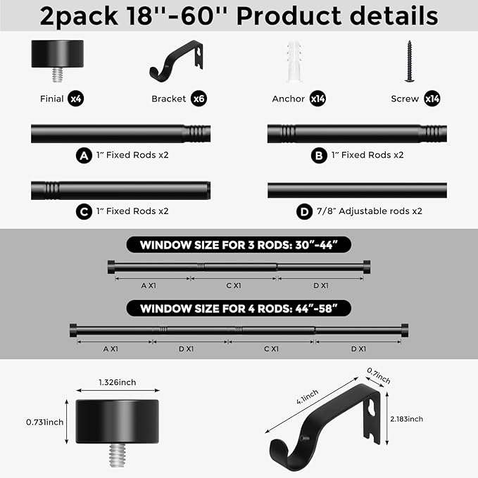 2 Pack Curtain Rods for Windows 28 to 48 Inch(1.5-5 Feet),Black 1'' Diameter Drapery Rods with End Cap Style Design,Modern Adjustable Heavy Duty Curtain Rod,Size:30''-60''