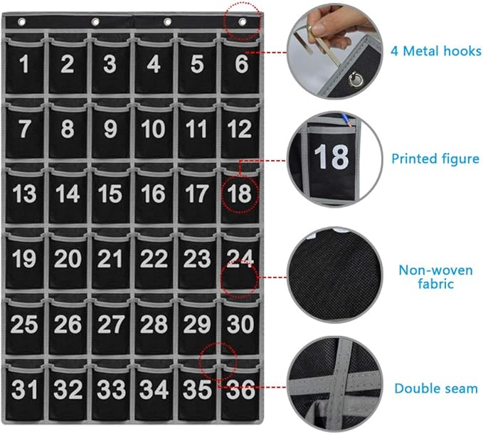 Godery Numbered Classroom Pocket Chart for Cellphone and Calculator holder, 36 Hanging Wall or Door Organizer (36 Pocket)-NeatNest