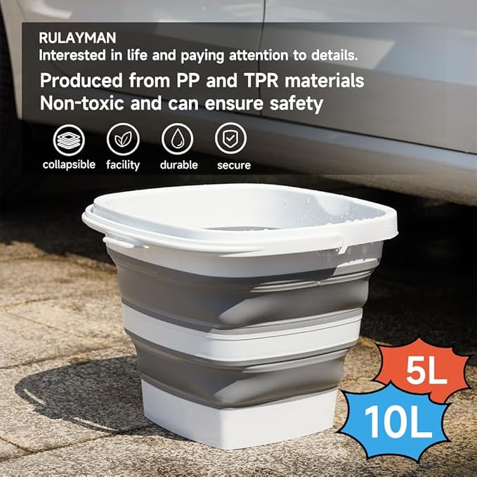 2 Pack Collapsible Plastic Bucket with Handle 2.6 Gallon (10L) Each Foldable Rectangular Tub for Cleaning Camping Essentials Space Saving Outdoor Portable Bucket for Camping (1.32 Gal / 5L(2 Pack))-NeatNest