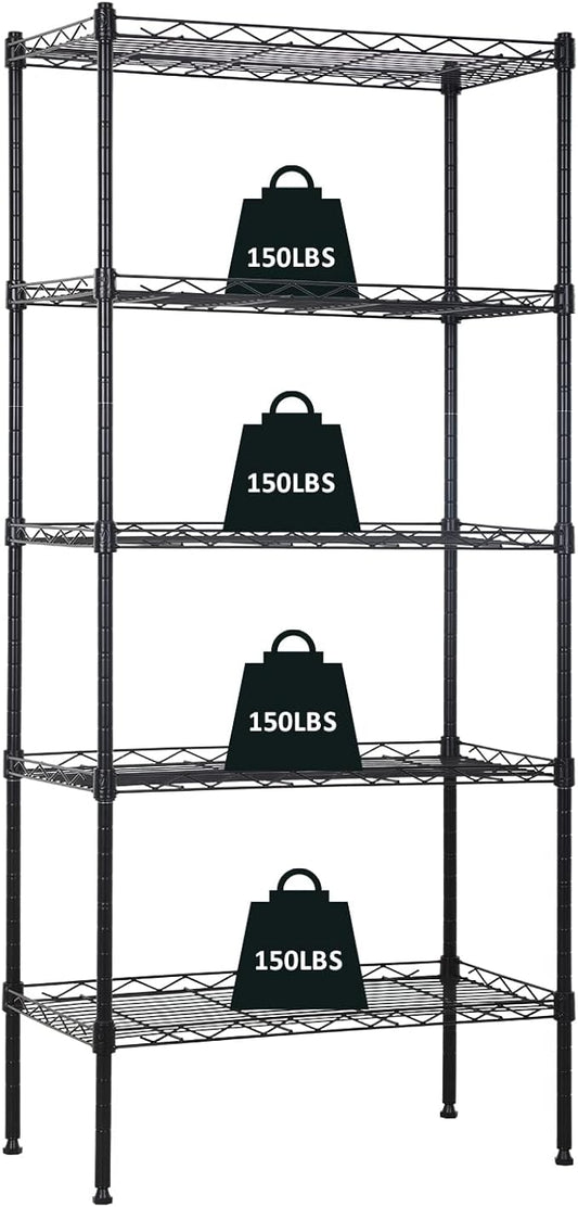 5-Tier Metal Shelving Unit Storage Shelves Metal Shelves 48"x21"x12" Heavy Duty Metal Storage Rack Wire Rack NSF Height Adjustable for Home Kitchen Bathroom Garage Shelving(Black)