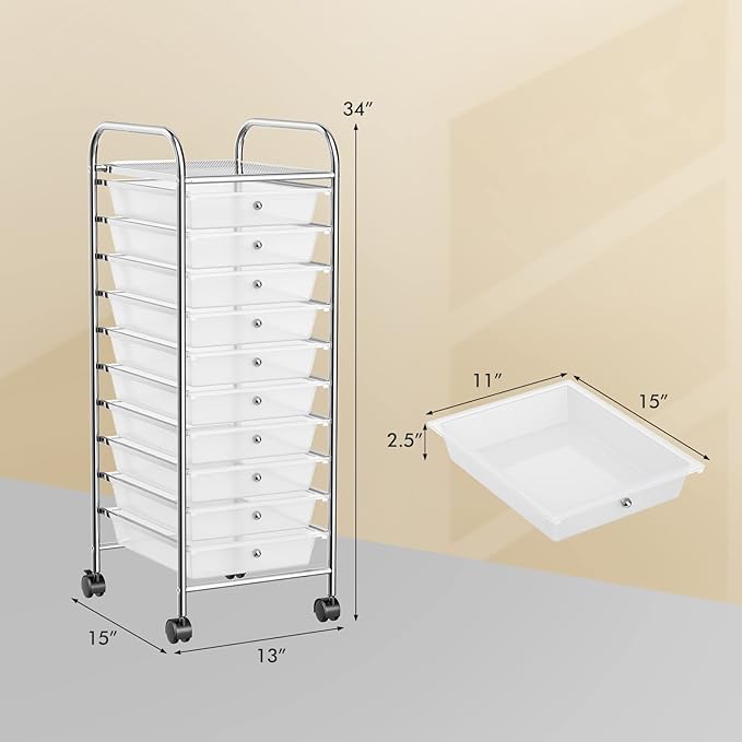 COSTWAY 10-Drawer Rolling Storage Cart, Utility Mobile Trolley with Removable Drawers & Universal Casters & 2 Brakes, Versatile Flexible Drawer Organizer Cart for Home, Office (Clear)-NeatNest