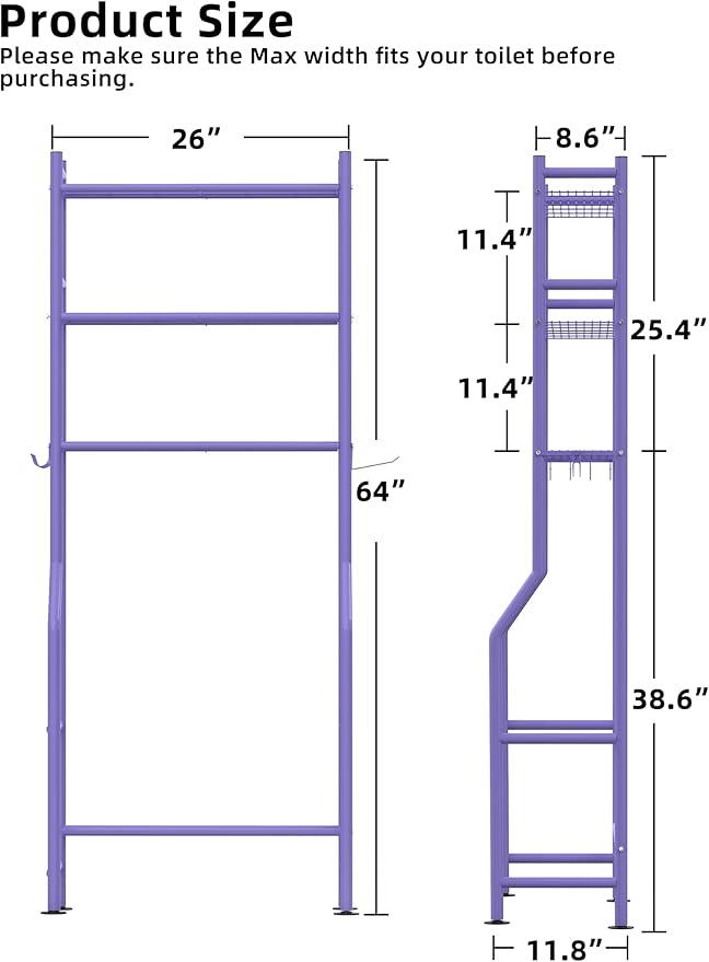 3-Tier Over The Toilet Storage, Freestanding Metal Bathroom Shelves with 4 Hooks, Over Toilet Storage Shelf with Paper Holder, Above The Toilet Shelf for Bathroom Storage, Purple-NeatNest