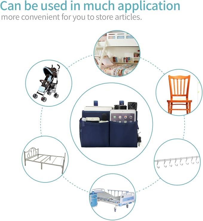 Bunk Bed Organizer, Bedside Caddy Hanging Bed Organizer Storage Bag with 4 Pockets and 2 Hooks, for College Dorm Rooms Bed, Hospital Bed, Baby Bed Rails, 600D Oxford Cloth (Navy Blue)-NeatNest