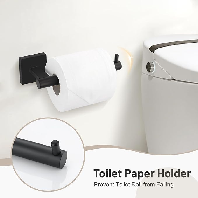 5 Pieces Bathroom Hardware Set Matte Black Towel Bar Set Includes 23.6” Towel Bar, Towel Ring Holder, Toilet Paper Holder and Two Towel Hooks, Bathroom Accessories Set SUS304 Wall Mounted