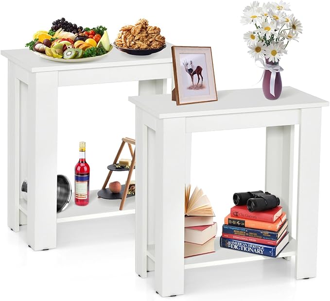 GOFLAME 24” Side Table Set of 2, 2-Tier Rectangular End Table with Storage Shelf, Multipurpose Night Stand for Bedroom, Living Room, White