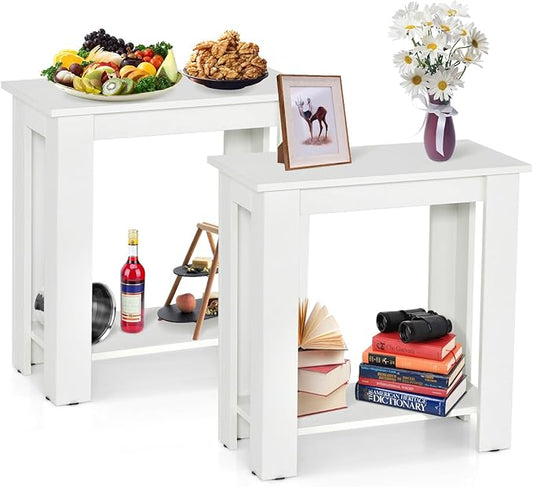 GOFLAME 24” Side Table Set of 2, 2-Tier Rectangular End Table with Storage Shelf, Multipurpose Night Stand for Bedroom, Living Room, White