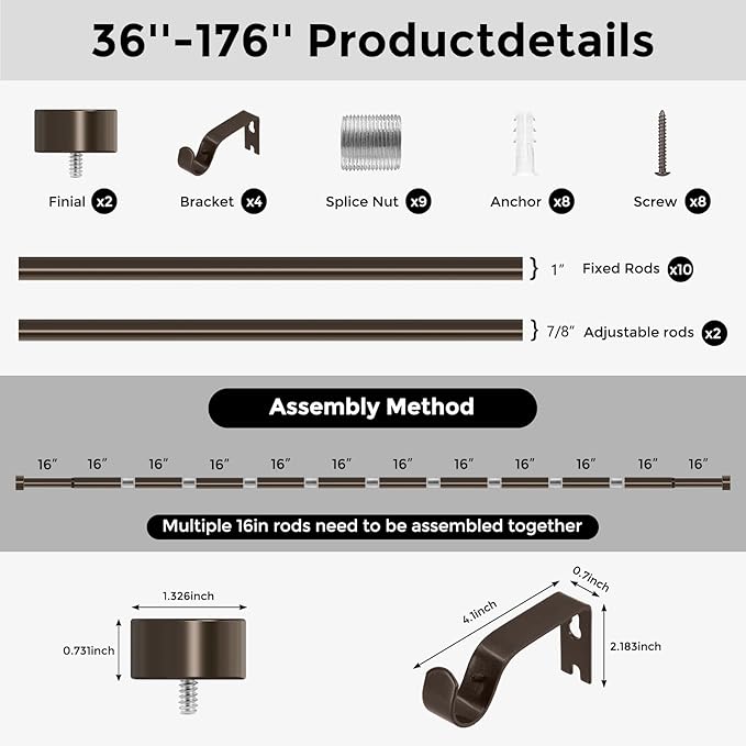 Bronze Curtain Rods for Windows 36 to 176 Inch(3-14 Feet),1" Diameter Rods with Modern Style End Cap Finials,Size:36-176 Inch-NeatNest