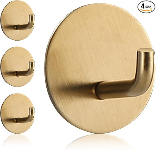 Adhesive Hooks Heavy Duty Waterproof in Shower Hooks for Hanging Loofah, Towels, Clothes, Robes for Bathroom Removable Adhesive Wall Hooks Door Hook Stainless Steel Stick on Hooks 4 Pcs (Gold)