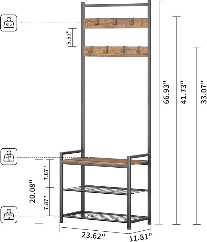 Coat Rack Hall Tree with Shoe Storage, Entryway Hall Tree Storage Bench, Wood Look Accent Furniture with Metal Frame, 3-in-1 Design, Rustic Brown-NeatNest